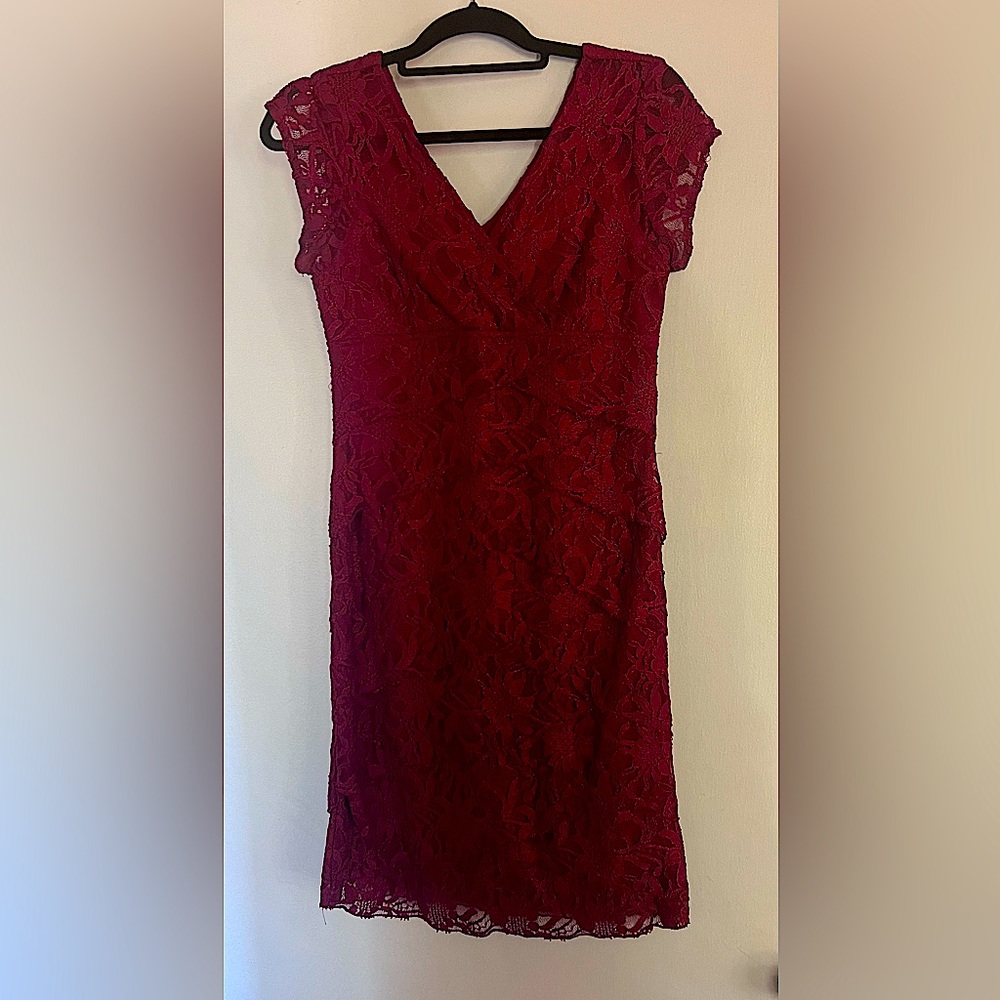 Scarlett brand, sz 8, beautiful, lined, cranberry color, stretchy, lace dress.
